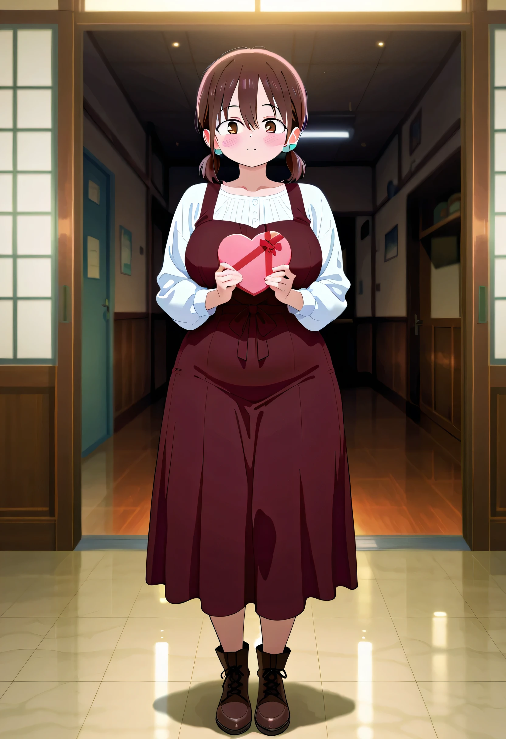 CINEMA Quality, hyper-detailed anime style, hyper-detailed lighting, best quality, very aesthetic, honoka hara, Boku no Kokoro no Yabai Yatsu, full body, masterpiece, best quality, a Valentine's Day gift, 1girl, solo,honoka hara, short hair, brown hair, hair between eyes, twintails, brown eyes, low twintails, short twintails, plump,((4k,8k,Ultra HD)),((Masterpiece :1.2)),((Best quality :1.2)),((Detailed :1.5)),((Detailed background :1.5))
