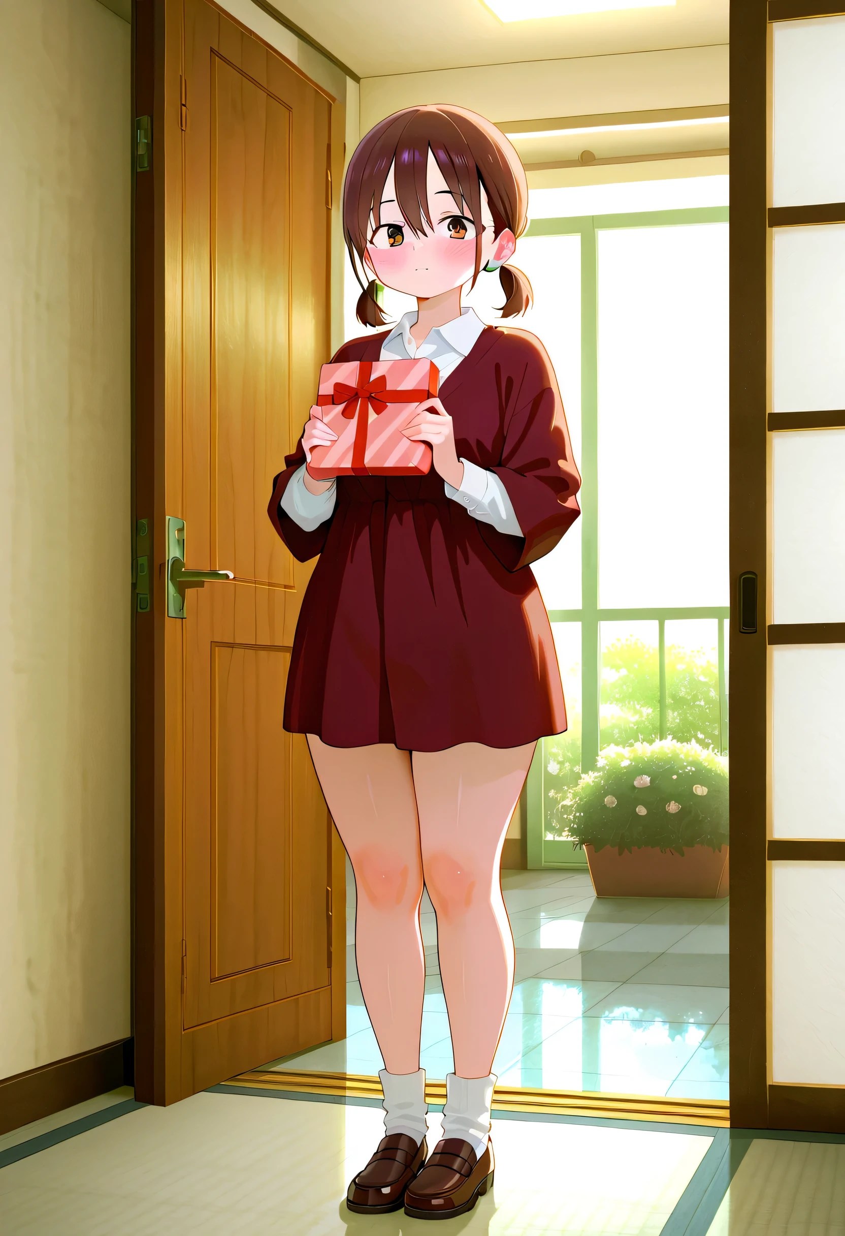 CINEMA Quality, hyper-detailed anime style, hyper-detailed lighting, best quality, very aesthetic, honoka hara, Boku no Kokoro no Yabai Yatsu, full body, masterpiece, best quality, a Valentine's Day gift, 1girl, solo,honoka hara, short hair, brown hair, hair between eyes, twintails, brown eyes, low twintails, short twintails, plump,((4k,8k,Ultra HD)),((Masterpiece :1.2)),((Best quality :1.2)),((Detailed :1.5)),((Detailed background :1.5))