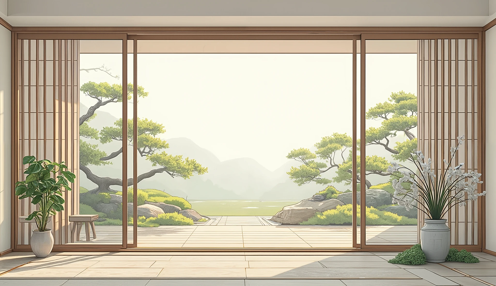 illustration in soft colors predominating , minimalism of a Japanese style living room with window to see the minimalist Japanese garden with bonsai trees, the stage evokes energy and elegance