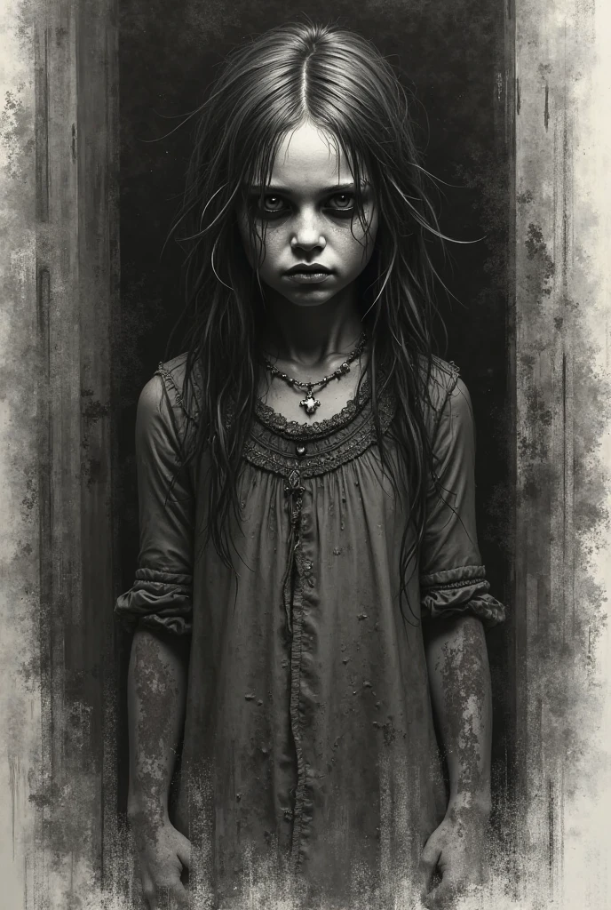 An old photo of a creepy girl holding a knife and wearing a white nightgown