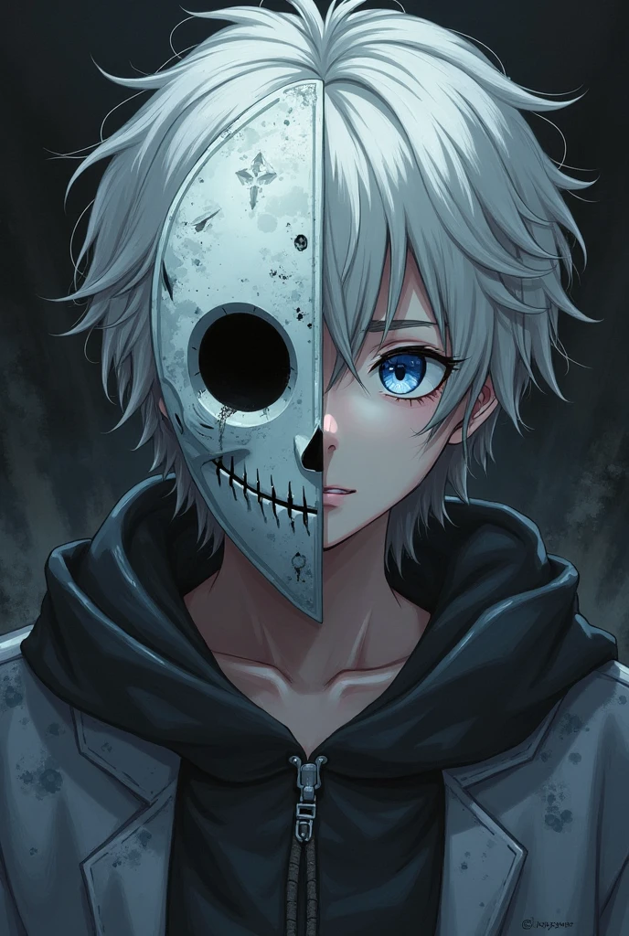 I want a character with white hair and blue eyes, he is looking at the camera from below with a face seen from below and horizontally, his face is shadowed and his eyes are shining, his outfit is white with a black scarf and on his side he has a cute skull head with black fire around it. He is 19 years old