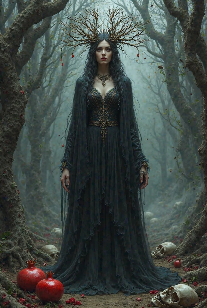 A devi woman with a fully covered black dress and a wand in her hand and with a red lipstick and a crown of spike in her head