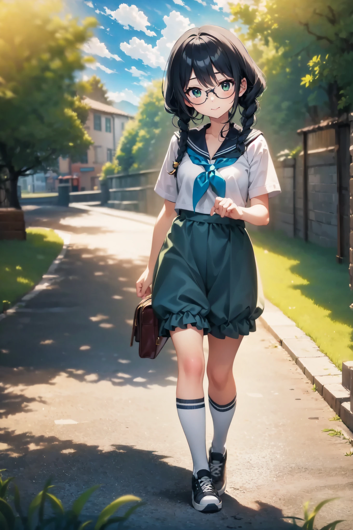 ((TOP QUALITY)), (( masterpiece)), ( details), 1 girl,female ,braids,Glasses, is a sailor suit on the upper body, lower body「 bloomers」Wearing,white high socks,Sneakers,Around town,On the way to school,