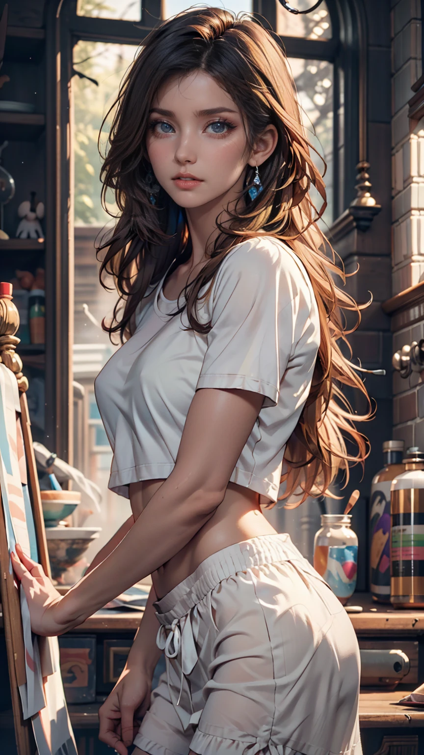 girl, blushing, shy, tight jeans shorts, big , white seethrought top, sitting,asians, Backwards,
