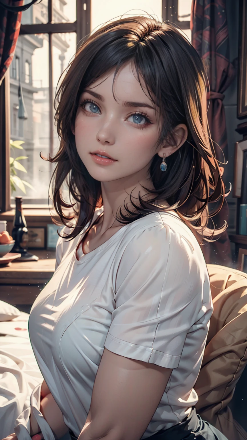 (Highest quality, 8k, 32K, masterpiece, Ultra-high resolution:1.2),Beautiful Japanese Women Photos, Large Breasts, Very short bob hair,Upper Body,(Extra Large_sweater,:1.1) necklace, Simple Background, Look around、Sexy proportions、Erotic female body