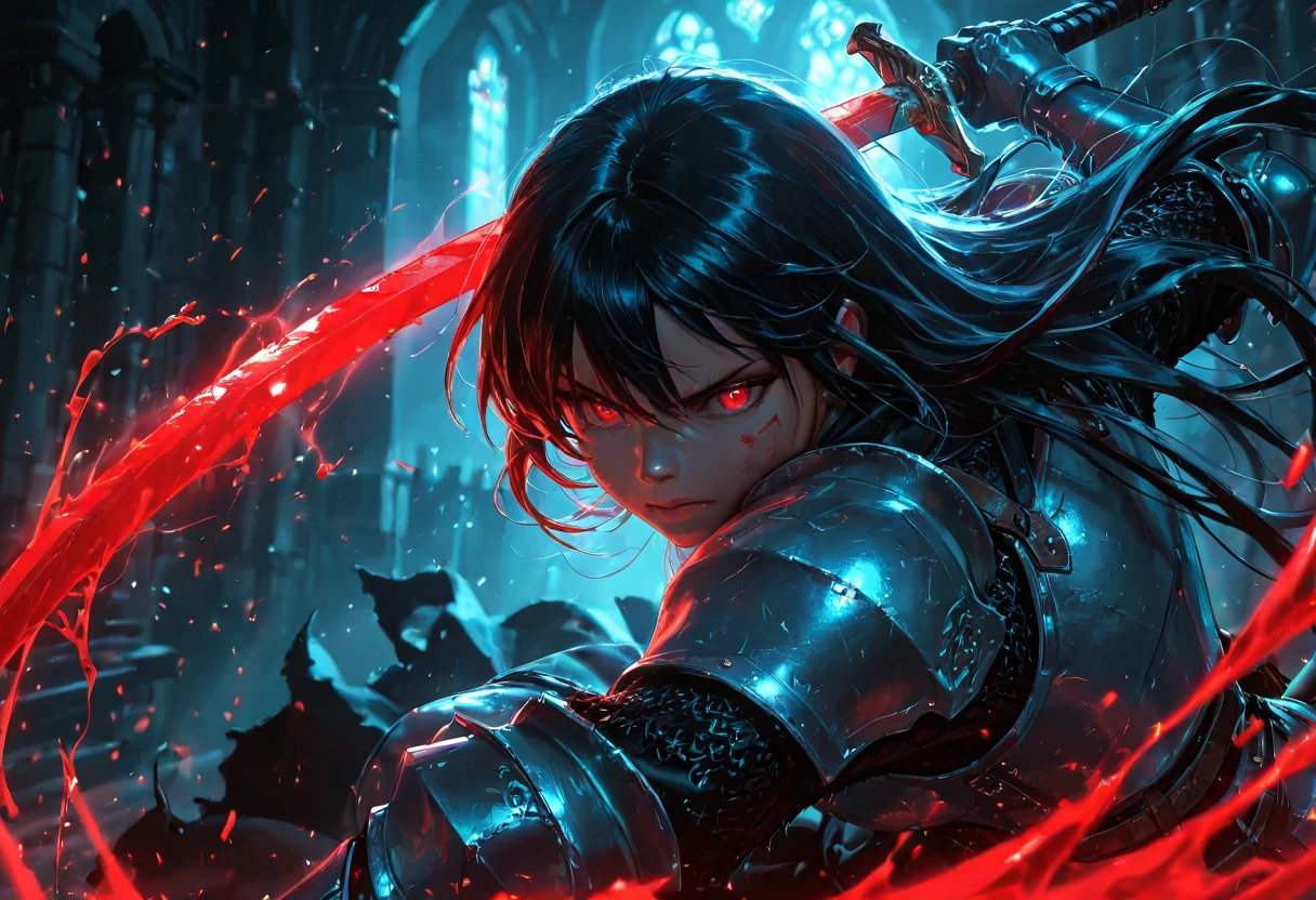 epic cinematography female knight, blood sword, rose katana, epic anime scene wallpaper, epic, detailed fantasy female knight, realistic face, serious expression, armor, holding blood sword, rose katana, epic cinematic lighting, moody atmosphere, dark medieval castle background, glowing magical effects, masterpiece, 8K, HDR, ultra-detailed, highly realistic, dramatic colors, dark blue and red palette, cinematic,long black hair,Red eyes, attacking pose,