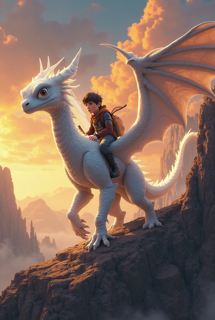A boy sitthing on dragon and background is mountains