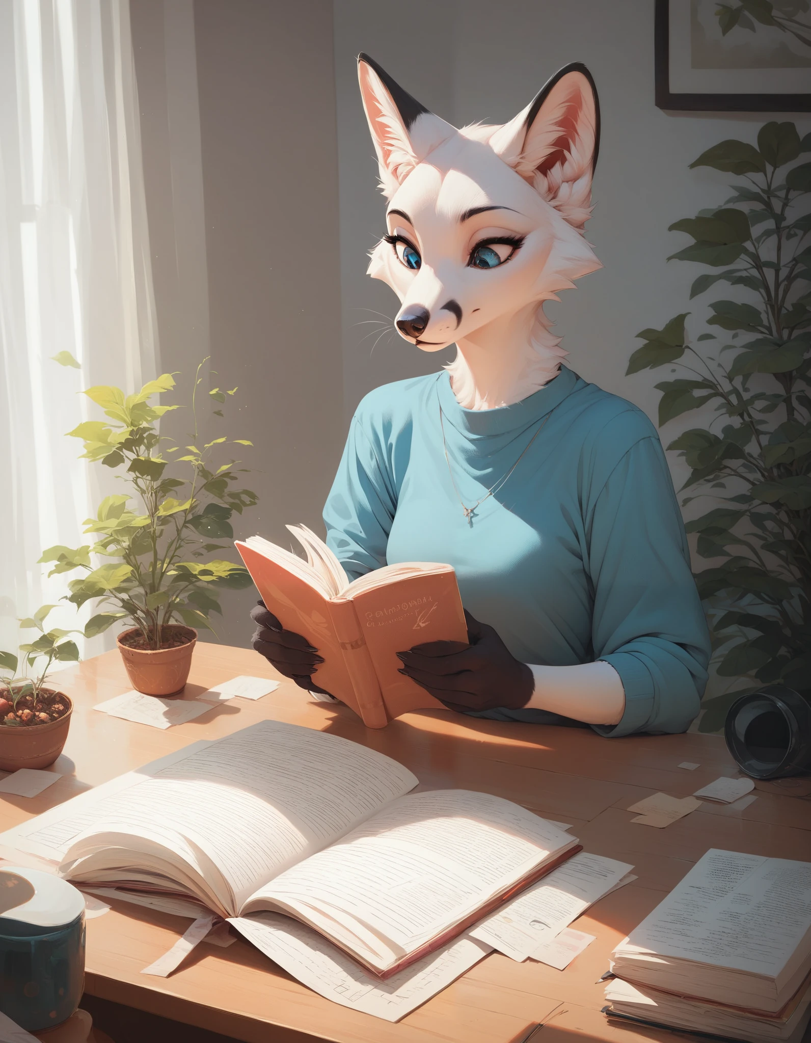 White fox,furry, a woman,White fur,Premium apartment ,Reading,Listen to music,Tape drive