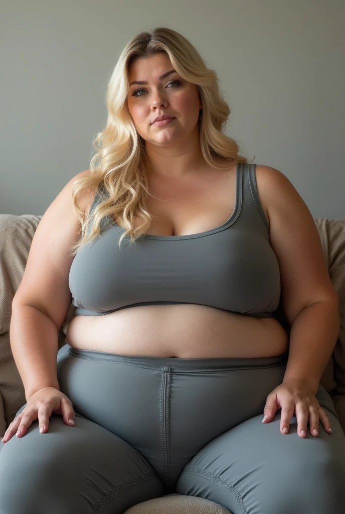 A 2 obese fat pale blonde blue eyed woman wearing a trashy top, proffessional light, photostudio, professional pose, sit on a chair, cross leg, photo from a phone