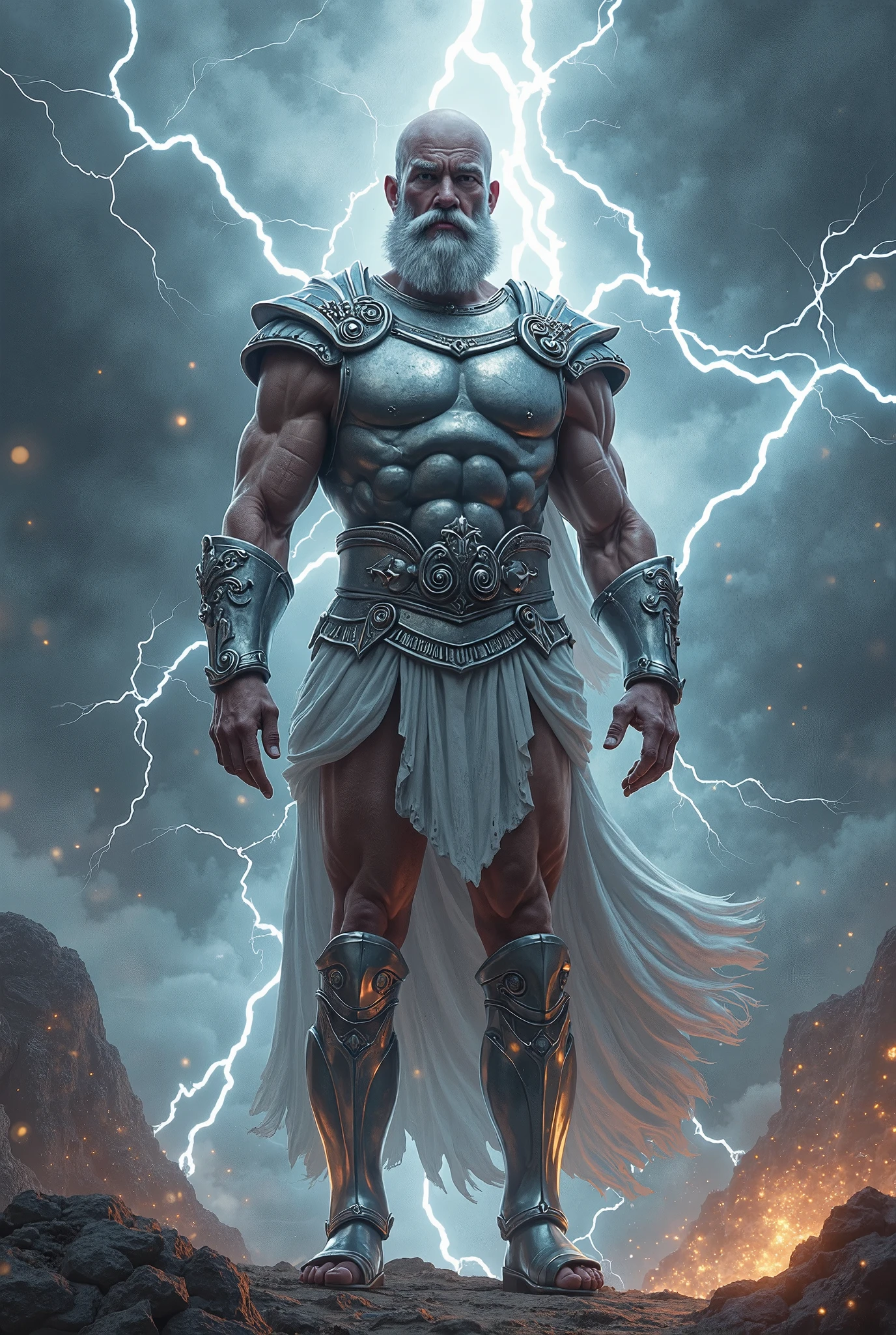 Zeus holding the aegis shield, with Medusa's head adorning it, in the midst of a storm.