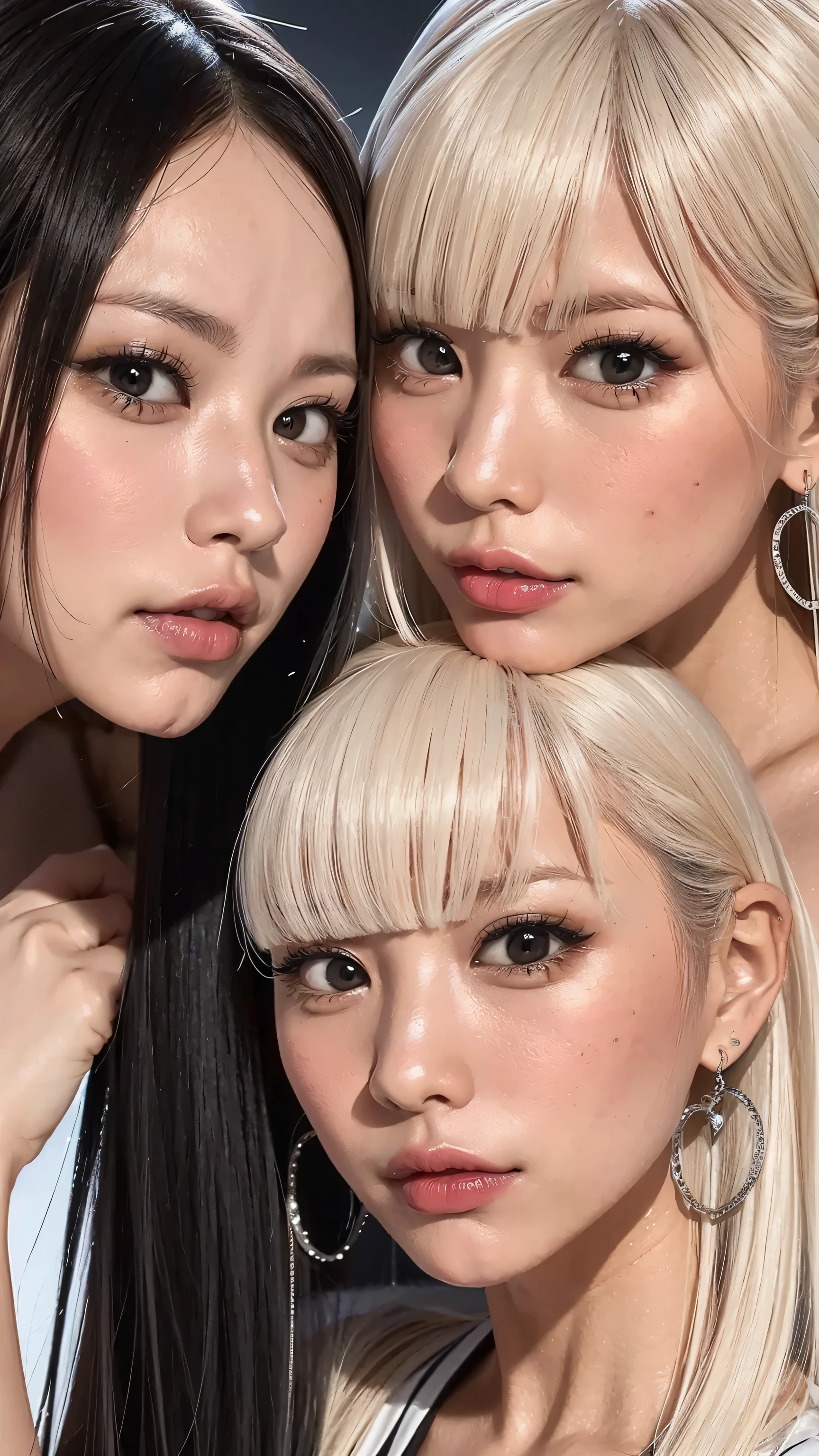 long black hair、 8k,high image quality、 has a clear face、 has a clear face 、I want to make each part beautiful、cold eyes close-up ultra clear 、 eyes match 、staring at me、 I'm looking at close-ups。My Face 、 すべての eyes match、 、I want to get close to beautiful women nearby 、 ,Look at me with an angry expression, beautiful platinum colored hair 、 and it is an expression showing anger。 、 Two beautiful women face to face looking at me、 I'm watching in close-up、I want to make eye contact with everyone, my lips are sticking out