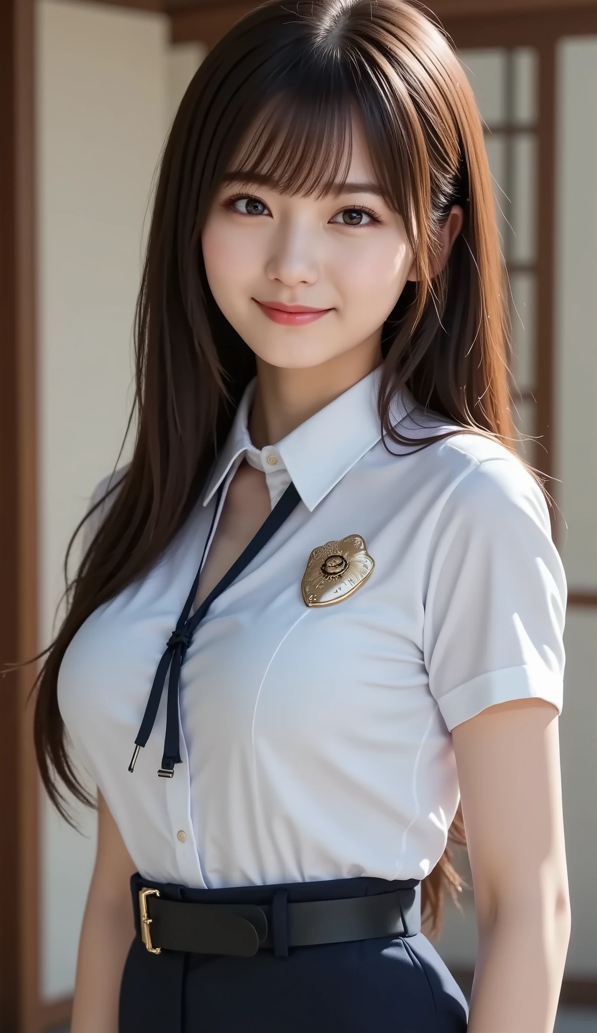 (a state where the face is accurately positioned in the center of the image: 1.5), (upper breast: 1.5), (fully reflects the entire head: 1.5), (Face clearly visible: 1.2)、 (Female police officer : 1.5), (Jail : 1.5), long hair、bangs, smile, young and cute japanese face , official art, high image quality CG Unity 8k wallpaper,Ultra high image quality , very well detailed, high image quality , film grain , lens flare glow , Best Quality ,8k, as a portrait shot ,8k, viewer , (( masterpiece)), (( Best Quality )), ( very well detailed), (( it's cute )), (( sexy)), (( very well detailedな)), ( Detail Wear Features ), ( beautiful), illustration of a woman with a penis , beautiful Japanese woman, (( ladies 1 )), (Tight Chest : 1.3)
