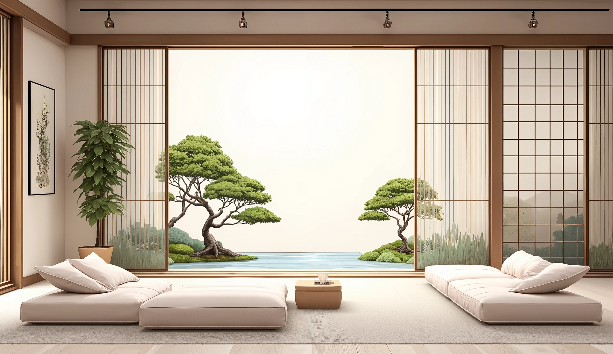illustration in soft colors predominating , minimalism of a Japanese style living room with window to see the minimalist Japanese garden with bonsai trees, the stage evokes energy and elegance