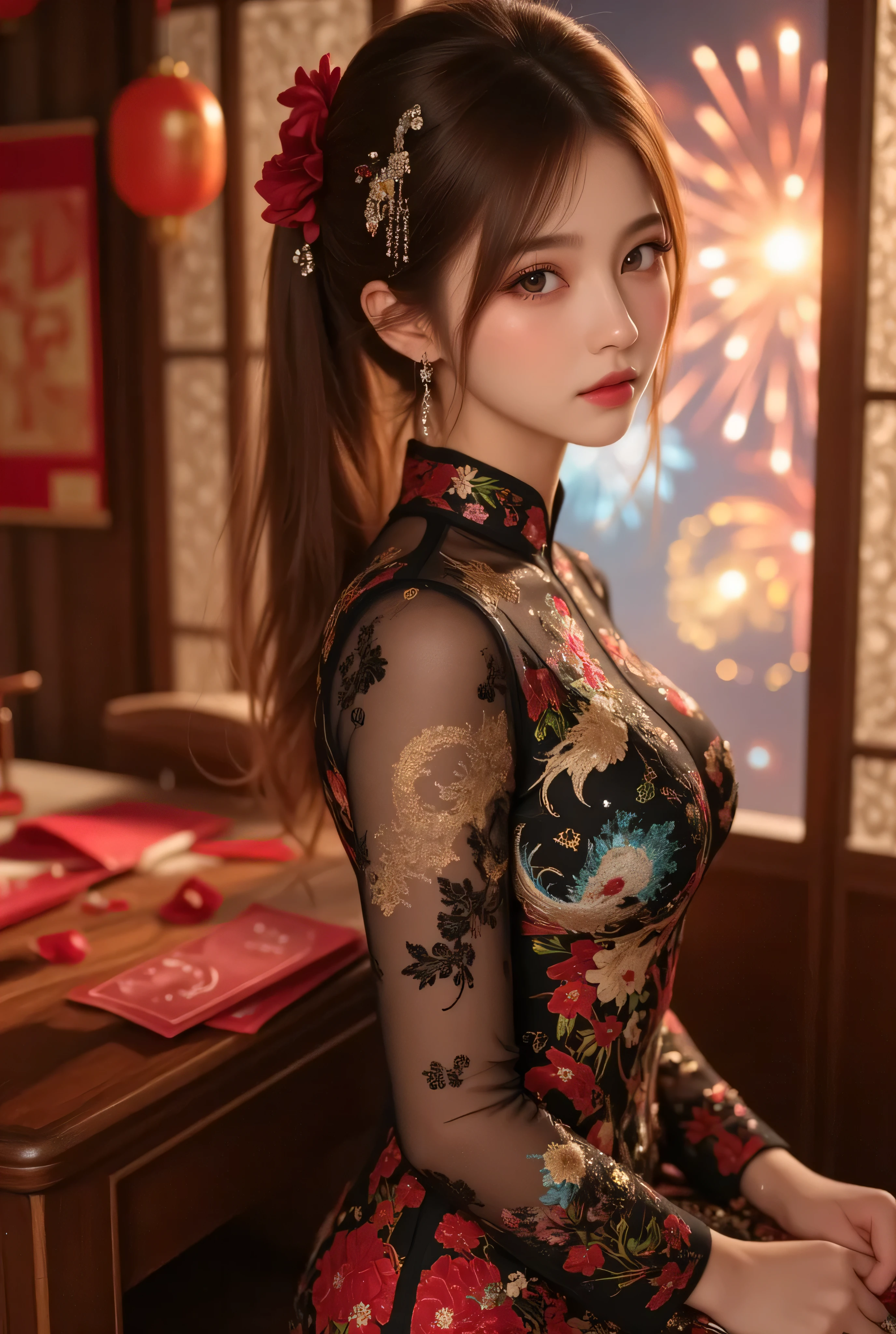 Cat ears、 face up, attractive, pretty girl, ponytail、few beautiful lady hair decorations, (( fine facial features , eroticism)), dramatic lighting , realistic , 8k, Dramatic Shadows , intricate and elaborate patterns , super detailed photo , chiaroscuro lighting , Pleasant colors , deep contrast , super real 、 pink lipstick、 warm room、Vintage Fireplace 、 cinematic composition、Close-up of face, pretty half part transparent open shoulder loose outfits dress, tang style, A beautiful Korean idol wearing a one piece red-green-blue-black-silver-gold tightly cheongsam with phoenix and intricate floral golden embroidery, golden and silver outline on dress, shining gems and jewelry, standing gracefully in a food restaurants room filled with traditional Chinese New Year decorations. The room features vibrant red lanterns, decorative calligraphy scrolls, a small Chinese orange tree with golden ornaments, and several red envelopes scattered across the floor and hanging from the tree. Adorable, playful cats are part of the scene—some sitting near the tree, others curiously pawing at the red envelopes or lounging around. Through a window or an open door in the background, vibrant Chinese fireworks light up the night sky in an array of reds, golds, and blues, casting a magical glow into the room. The idol’s outfit is paired with subtle accessories like red hairpins or earrings, complementing the festive look. The atmosphere is warm and lively, filled with the joyful essence of the celebration, enhanced by the shimmering lights of the fireworks and the lively decor. blue lights