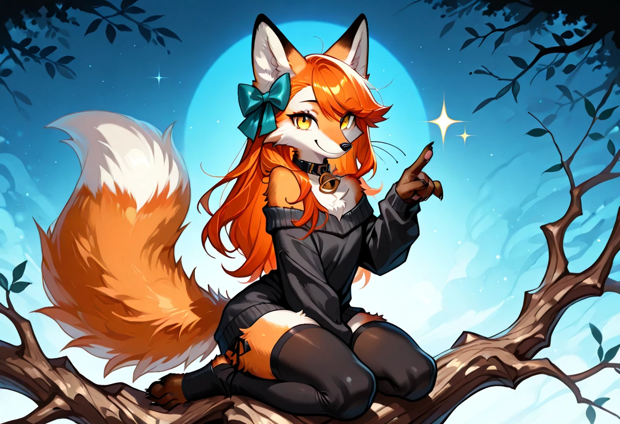 by fluff-kevlar, by ouka, by Kilinah, (((woman, breasts, antrum, extremely detailed, extremely detailed legs, extremely detailed arms, extremely detailed face, perfectly detailed eyes, perfectly detailed anatomy))): 1.2, beautiful and detailed portrait of an anthropomorphic vixen ((female))), anthro, female, red fox, high definition, good anatomy, orange fur, orange body, simple background, highly detailed face, deep yellow iris, yellow eyes, red hair, long hair, kitsune, multiple tails, dark lighting, moody lighting, full body, sexy body, slanky body, sexy face, nice, hot, cute, pawpads, paws, showing feet, magical levitating, night, half moon, stars, blushing, friendly smile, smile, friendly, elegant, dark, mysterious, alluring, beautiful, thigh highs, purple yukata