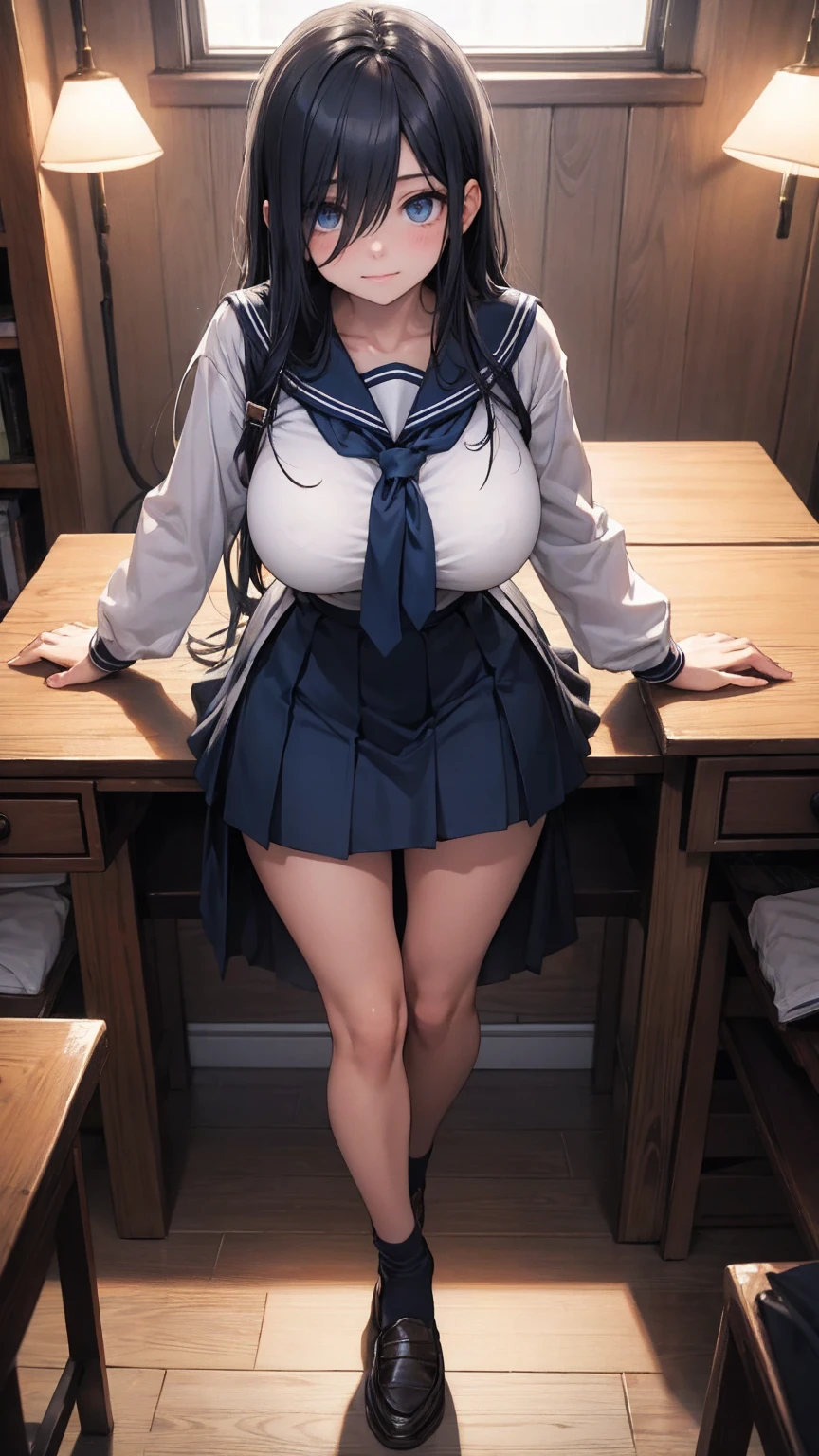 1girl in, Parted lips, blush, makeup, lightsmile, School uniform, Full body, Wide Angle, From  above, crass room, llight rays, Glow, thighs thighs thighs thighs, 鎖骨, Narrow waist, (masutepiece), Wallpaper,Wet body、Drooling、White socks、Chest about to burst、cum shots