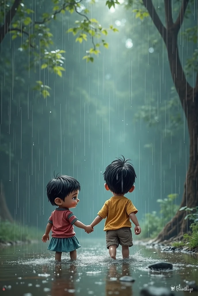 a Indian couples younger age under 10 age , walking in park , rain weather both hands in shoulder enjoying rain
the boy is wearing a white printed shirt , the girl with pink white mix printed shirt and without in shirt,stylish and boy name with "FIGHTER" small written on it's back , girl name with "SPANDANA" small written on it's back , in big and bold fonts, 3d illustration