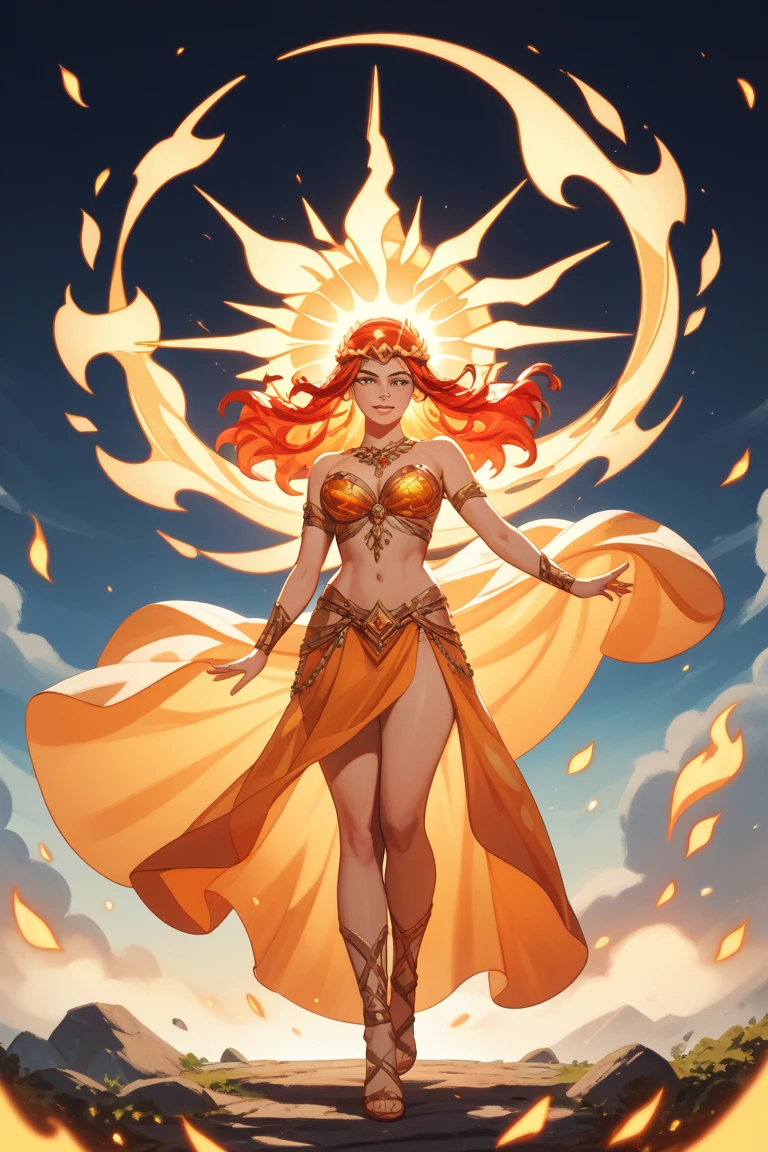 mixed_artwork style, 1girl, standing alone, beautiful woman, Asian, thick, realistic, textures, 8K, perfect hand, perfect anatomy, visible curves, Breasts, Fire hair, Fire and Fool Clothing, fire Skin, Queen of fire, Body healed, Fire fuck, orange skin