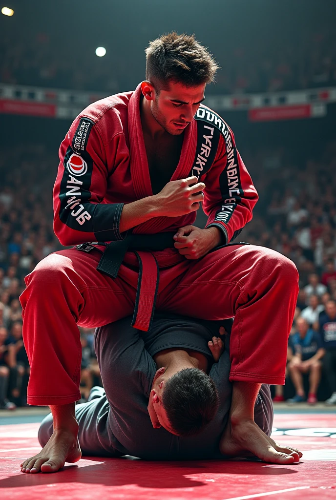 Crie uma imagem de dois lutadores de jiu-jitsu, sendo um home negro com faixa azul, and a mestizo with a white belt.