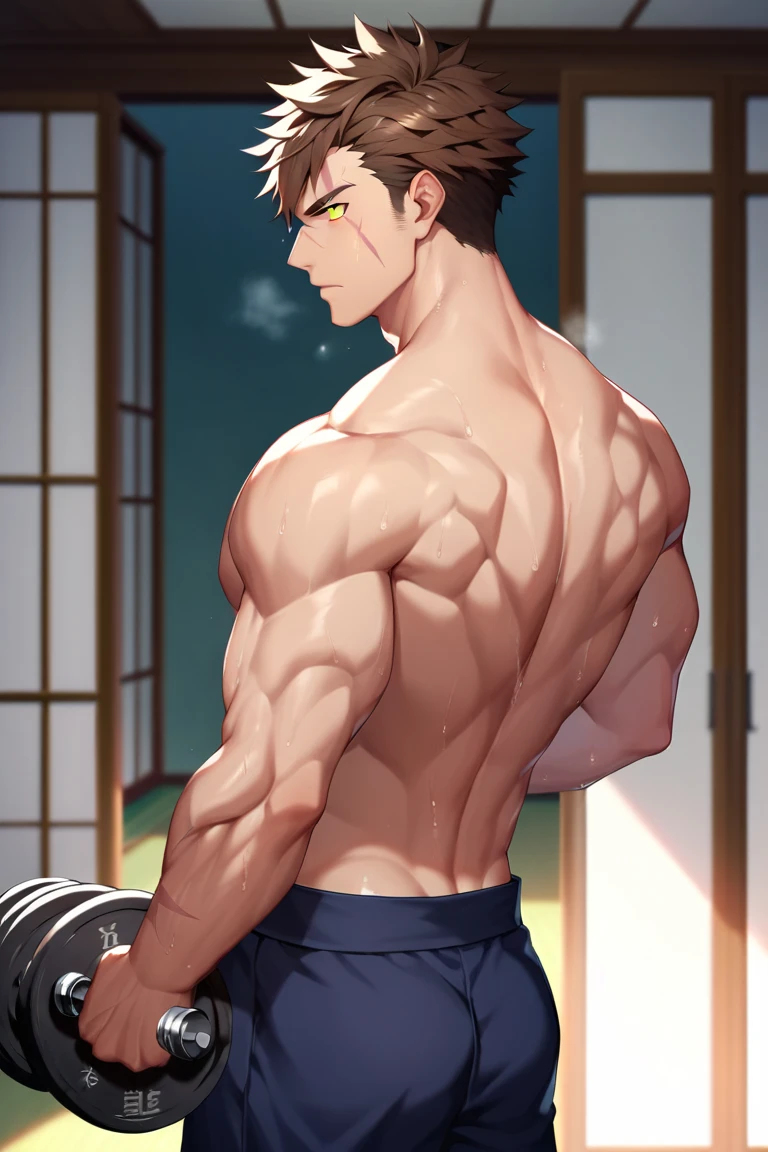 Jiro Takao, 20yr old,Red-haired man, Stand in the gym, A cringe adorned with demonic figures. His muscular superiority and clear definition, is the focus of his high-intensity training. His red hair is wild and unruly, His white thong clings to his body. Light reflected from behind him, Highlight the intricate details of the tattoo. His bottom waves wave and soothe as his strength increases, His strength and thought are evident in his pose.