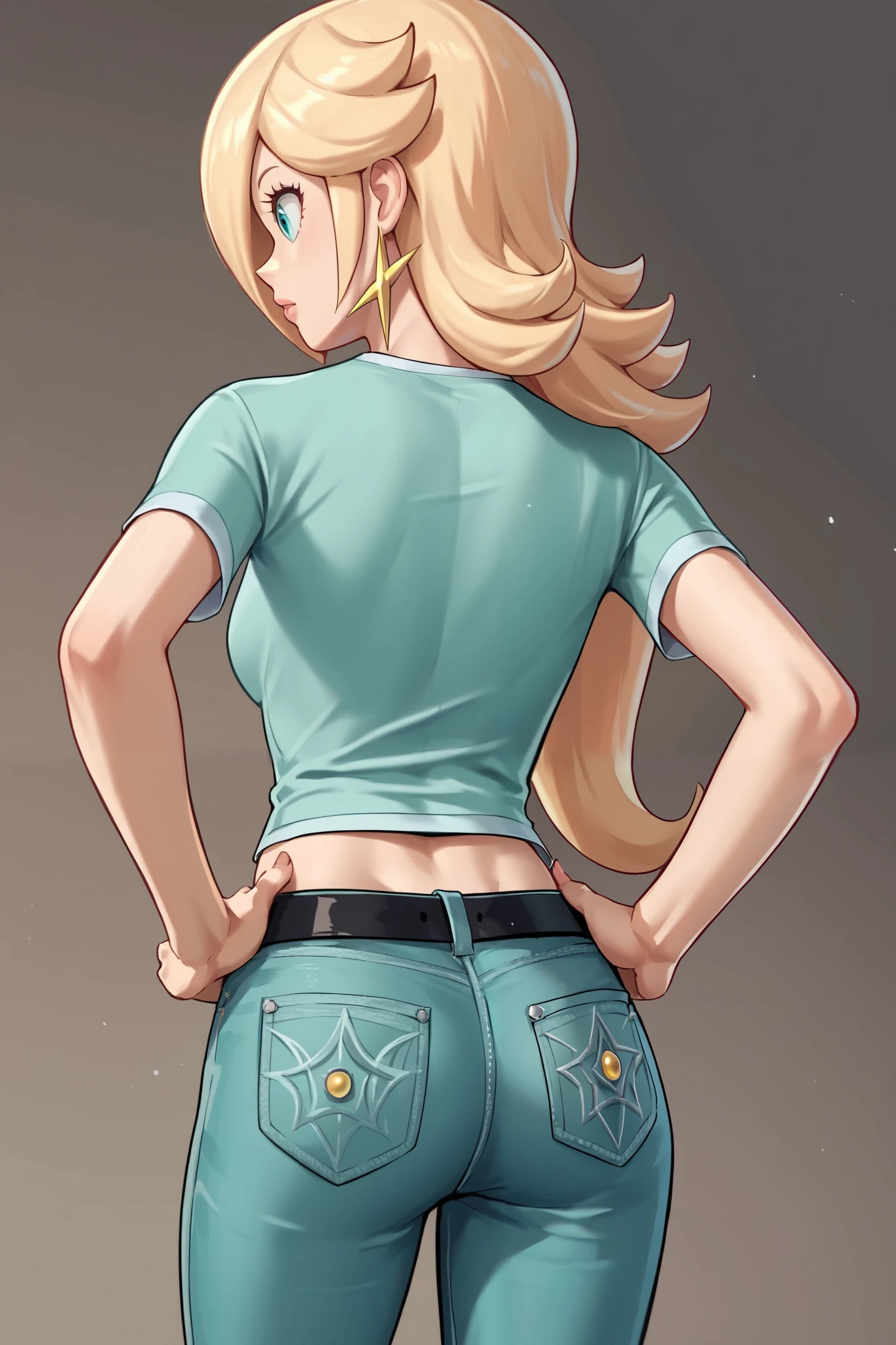 score_9, score_8_up, score_7_up, source_anime, rosalina, blonde hair, hair over one eye, long hair, star earrings, solo, cowboy shot, black t-shirt, taut clothes, tight shirt, midriff, jeans, black belt, hands on hips, back view
