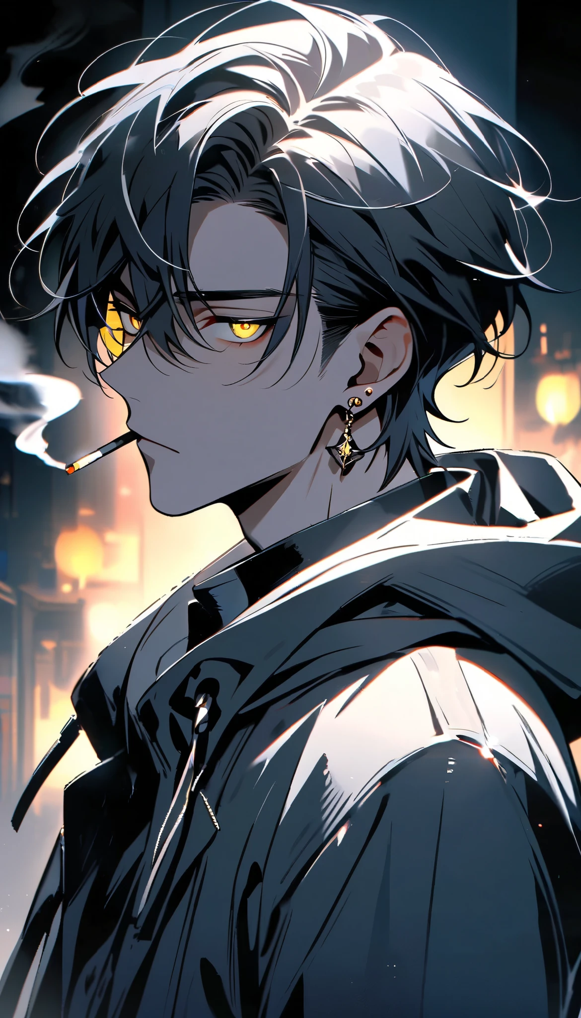 good looking, alone, 1 male, short hair, Black hair with smoky grey tips, Golden Eyes, Black Shirt, Black and white hooded, smoking, night, Black light、Looking this way、Attractive eyes。