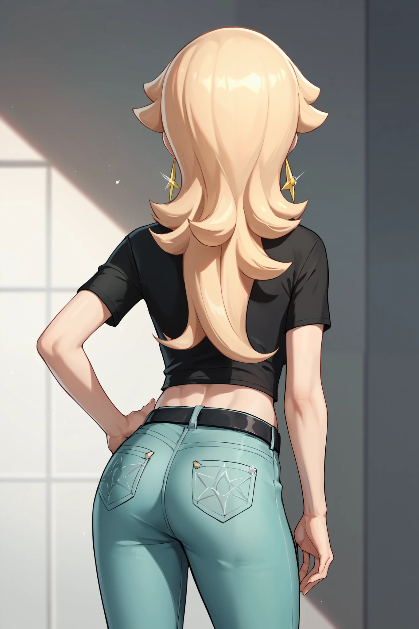 score_9, score_8_up, score_7_up, source_anime, rosalina, blonde hair, hair over one eye, long hair, star earrings, solo, cowboy shot, black t-shirt, taut clothes, tight shirt, midriff, jeans, black belt, hand on hip, back view
