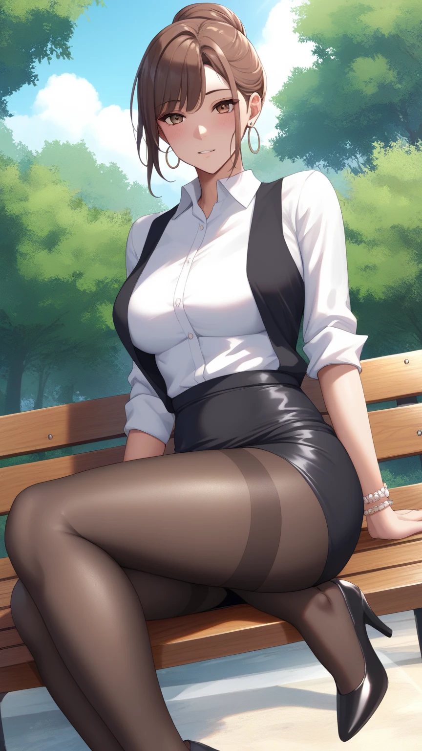 absurdres, 1girl, glasses, lingerie, seductive smile, leroute, hunter x hunter, pantyhose, no shoes, black turtleneck, short mini skirt, big breasts, no shoes, full body view, feet in view, sitting on blanket, outdoors, Central Park