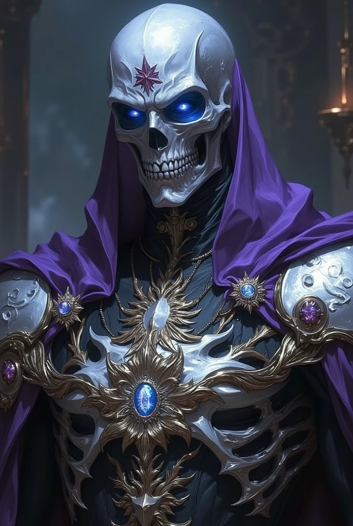A skeletonized man, his skull is covered in dark stones, intricate sculpture, wearing a face mask, bright eye sockets, wearing a purple crown, masterpiece, best quality, intricate details, absurdities