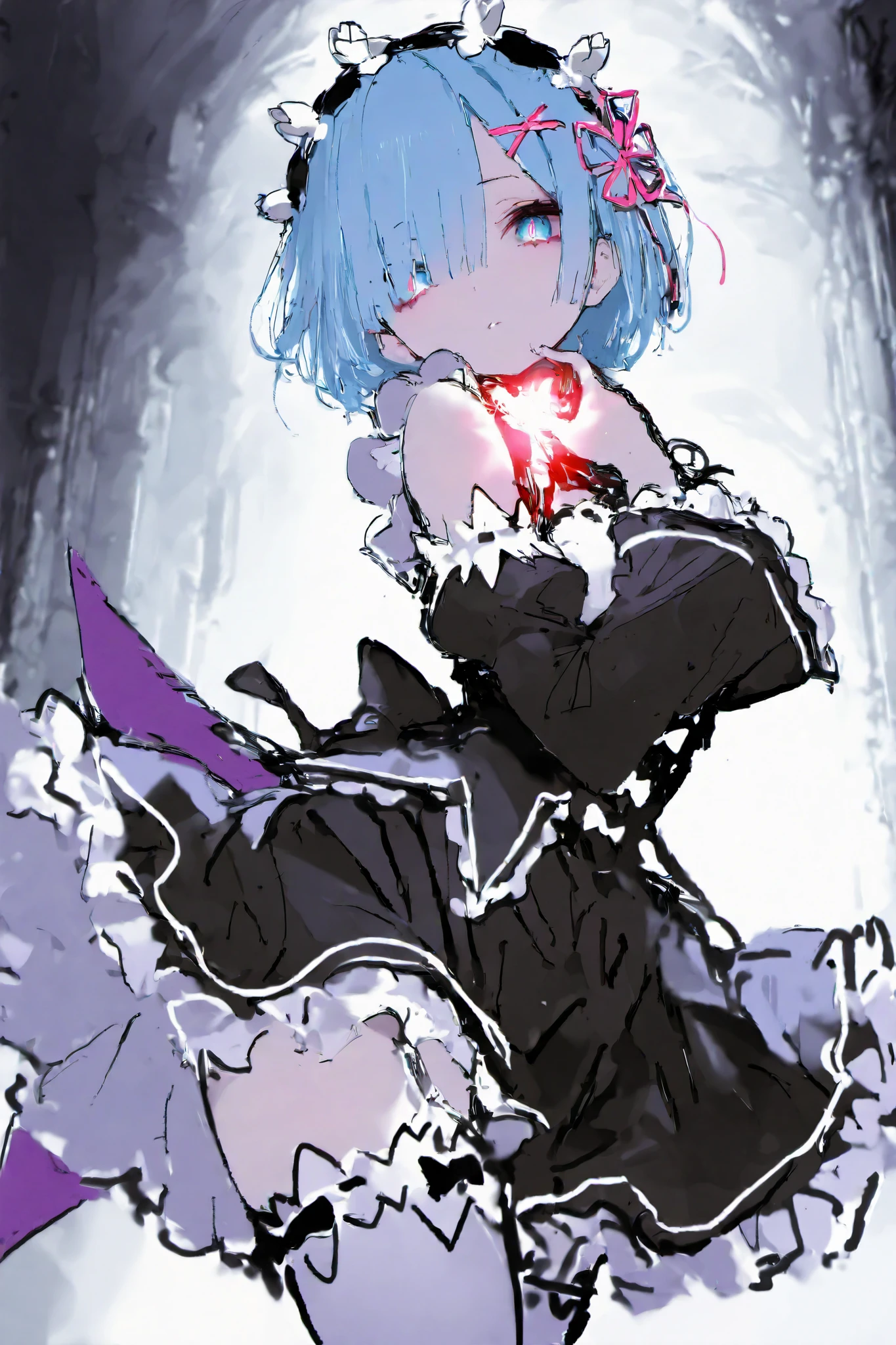 masterpiece, best quality, ultra-detailed,ma1ma1helmes_b_illu,sketch,AIU,dark gothic,1girl\(rem \(re:zero\),cyan eyes\),(dynamic pose:0.25) ,masterpiece, best quality, 8k, highres, ultra-detailed,HDR, UHD, professional, vivid colors