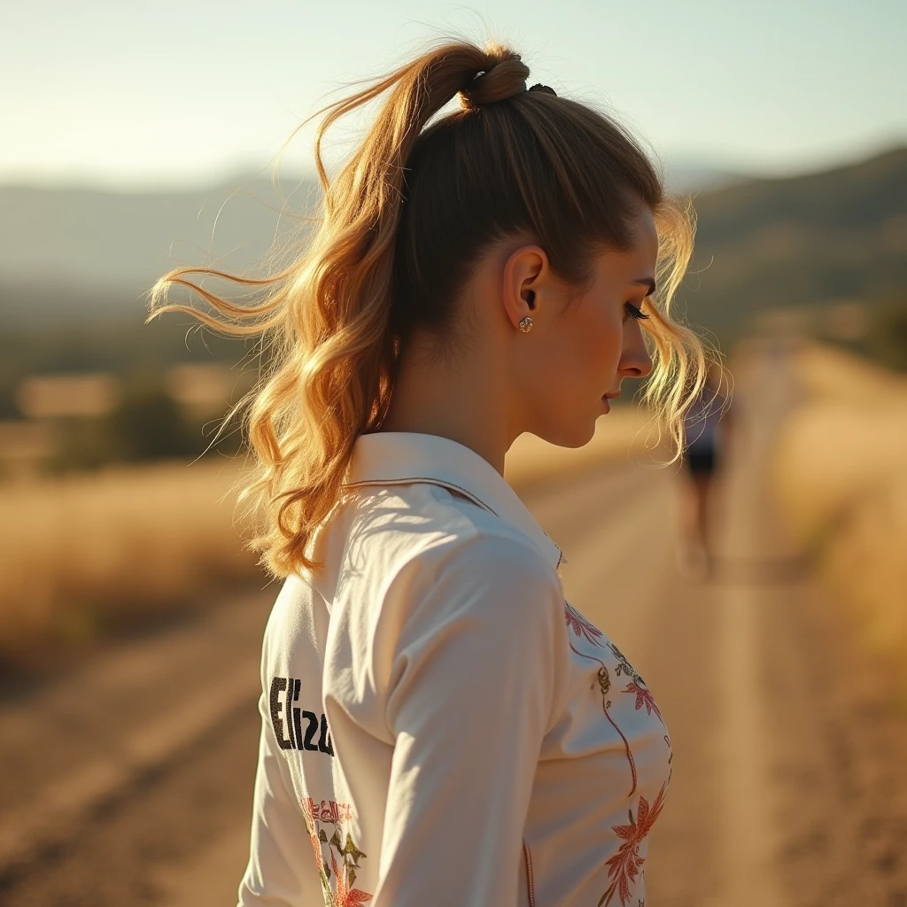 cinematic film still High Dynamic Range (HDR) shot , 1girl, blond hair in a ponytail with bangs style, 18 year old walking down An ais-abandz highway extending into the distance ,4k, uhd,masterpiec,4k, uhd,masterpiece, highly detailed skin with hair,vellus,large natural breasts,deep cleavage, hard light, hard shadows,Rembrandt Lighting Style , shallow depth of field, vignette, highly detailed, high budget Hollywood film, cinemascope, moody, epic, gorgeous,
