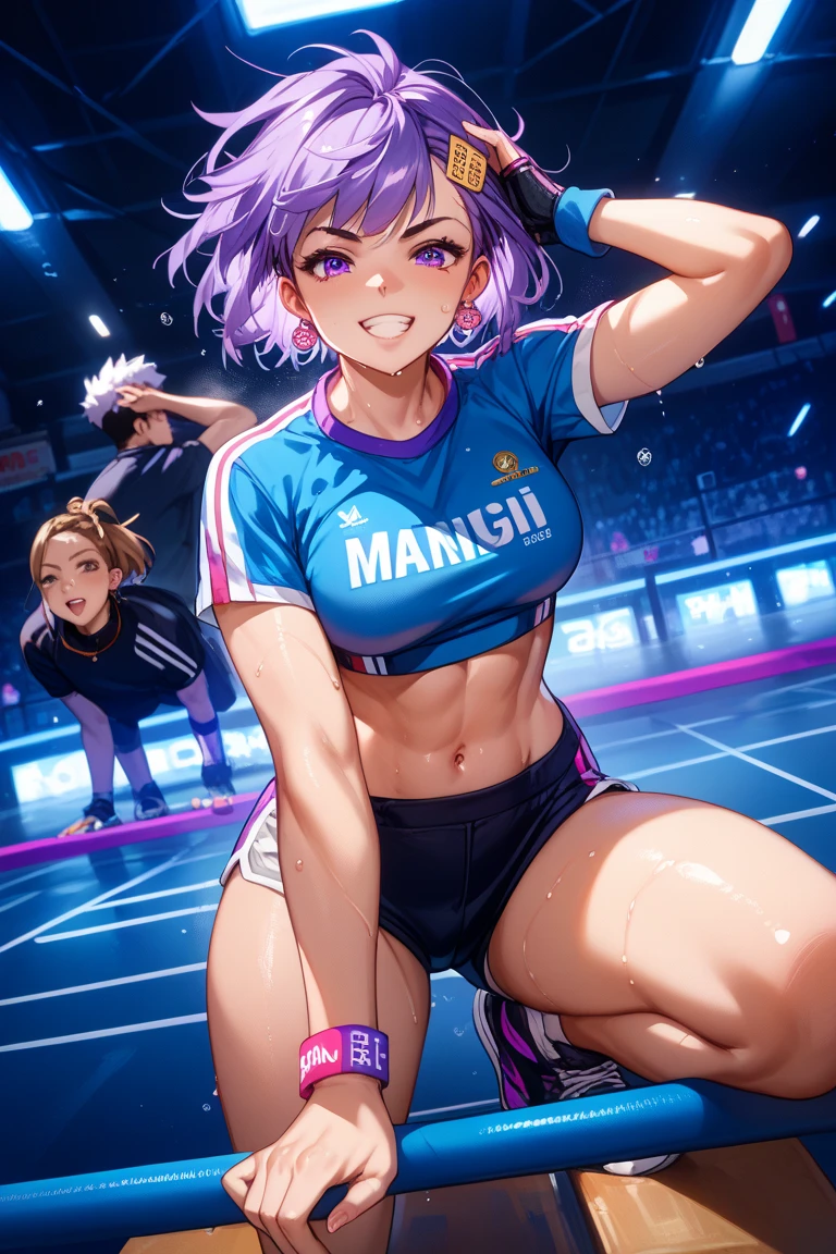 Sexy 25 year old woman, short blue hair, sports bra and shorts, tiny shorts, boyshorts, spandex shorts, short shorts, knee high socks, below the knee socks, athlrtic stripe (socks), snakers,shoes, sneakers, standing, posing for photo, flirty, full body, crowded city street, good quality, 4k, masterpiece, pin-up