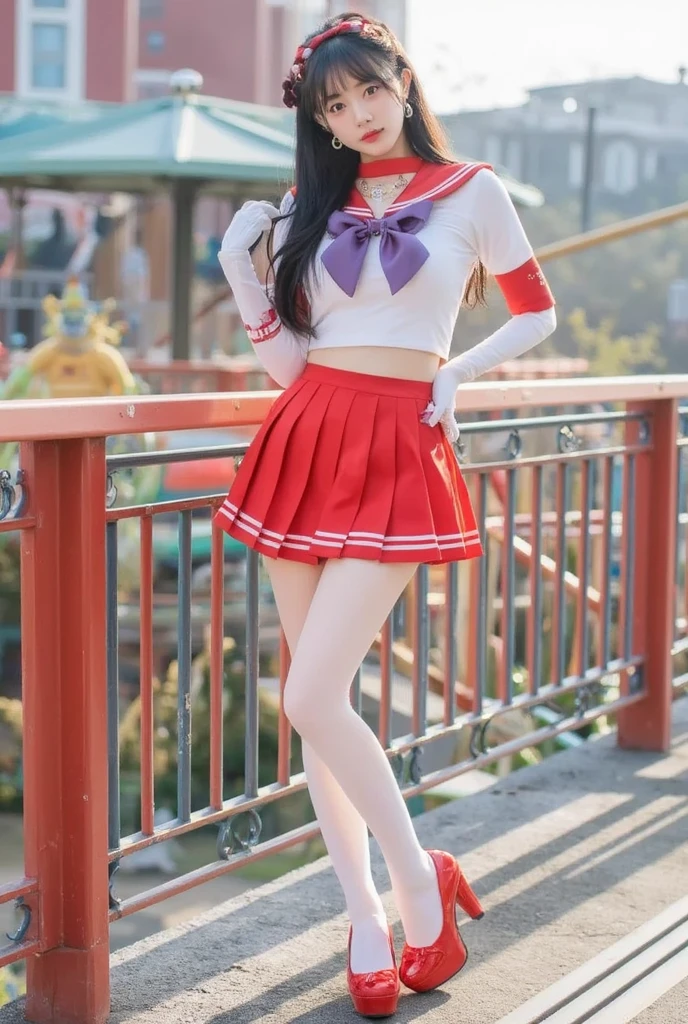 A chubby girl with glasses, black hair, freckles, and a shy expression, dressed as Sailor Mars, wearing red high heels and white gloves. barefoot Comiket Venue