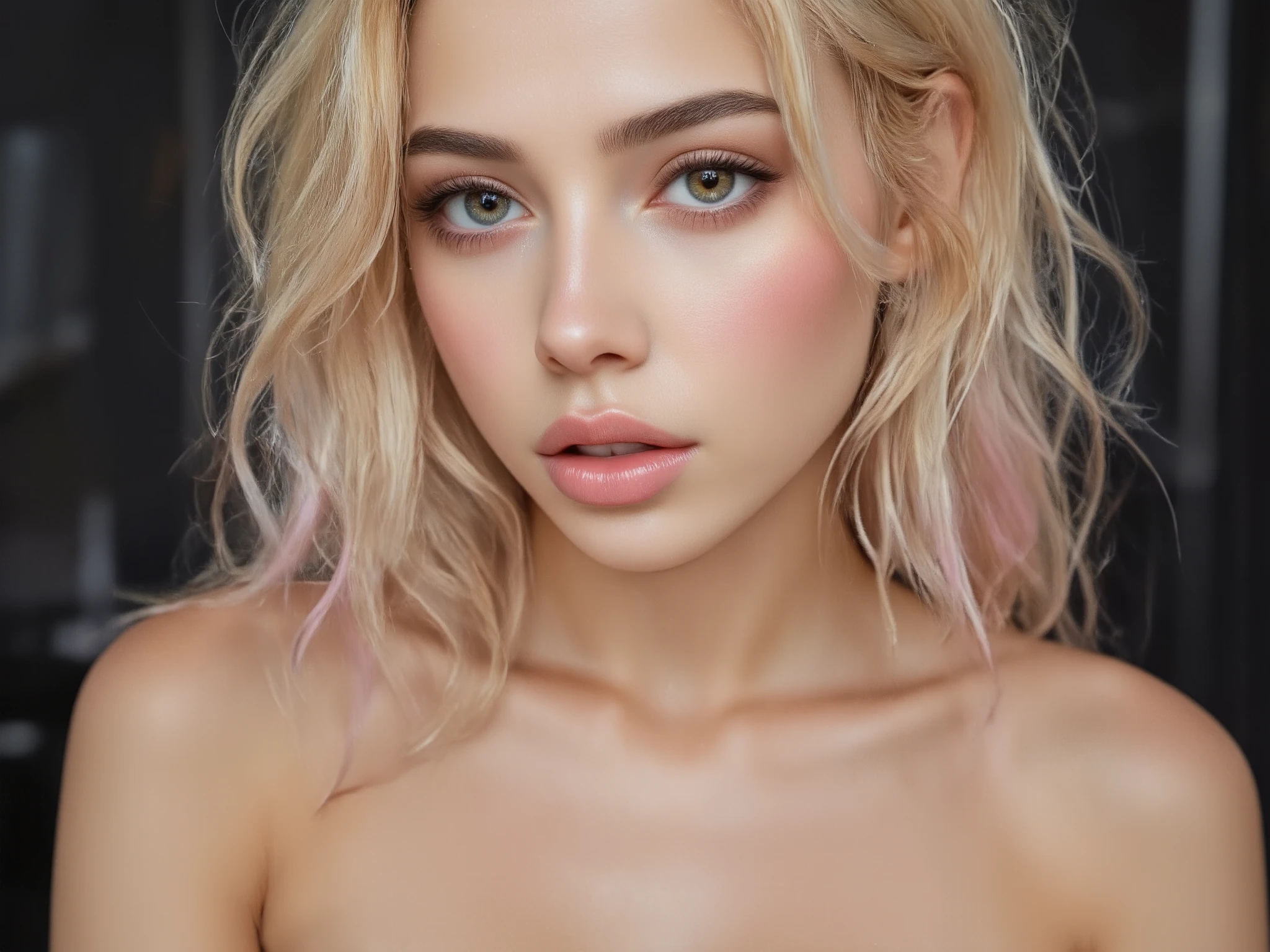 gritty candid raw portrait, close-up photo of a young 20 year old beautiful, big lips, full body,
high cheekbones, playful, Danish and Korean mixed race, busty, long curly blonde and neon
pink undercut hair, realistic skin texture, very tall and athletic, boho-chic, flawed skin, shot
with Sony Alpha A6500 1.4f, bokeh, highly detailed, masterpiece,