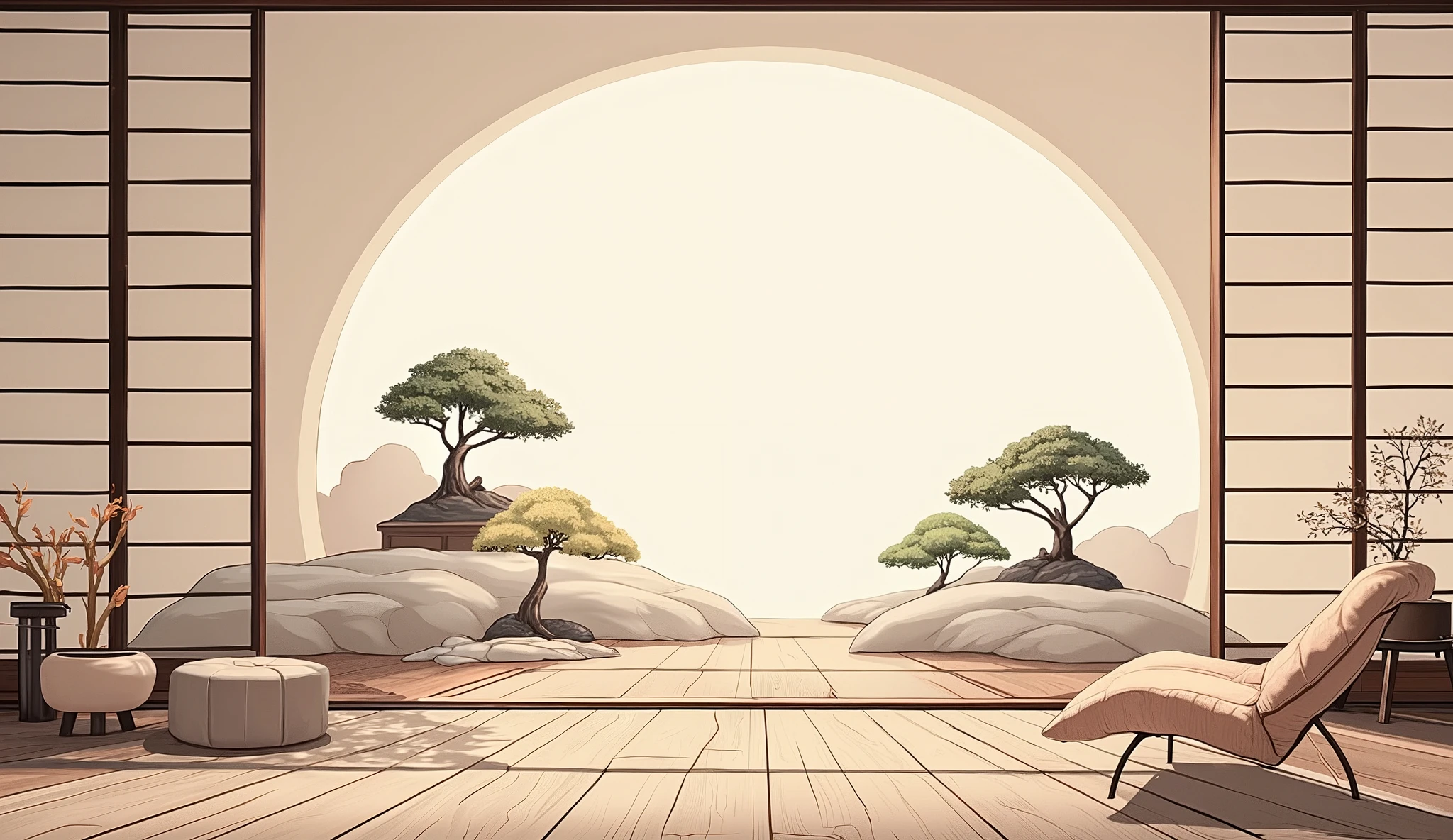illustration in soft colors predominating , minimalism of a Japanese style living room with window to see the minimalist Japanese garden with bonsai trees, the stage evokes energy and elegance
