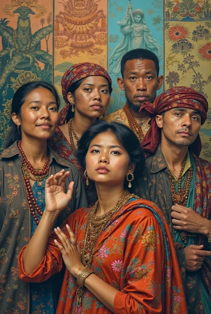A 35 year old man wearing batik clothes, a 31 year old woman wearing batik clothes and a headscarf,a 13 year old girl wearing batik and a headscarf, a 4 year old girl wearing a batik dress,sit on the chair,family room background.Realistic, original photo.