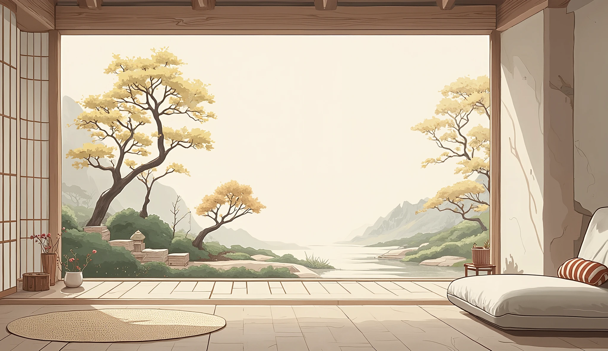 illustration in soft colors predominating , minimalism of a Japanese style living room with window to see the minimalist Japanese garden with bonsai trees, the stage evokes energy and elegance