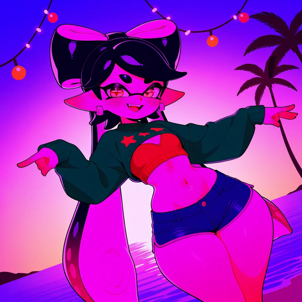 score_9,score_8_up,score_7_up, source_cartoon, source_furry, furry girl, wolf, black hair, punk hairstyle, huge long spiky ponytail, anime style, small breasts, red eyes, makeup, eyeshadows, ((deep red bikini ruffled triangle, high cut bottom, star necklace, beach sarong with shooting stars on hips)), high quality, detailed body, detailed eyes, detailed face, masterpiece, glistening body, detailed body fur, best quality, two tone body, gray fur, clear gray fur, perfect lighting, perfect shadows, perfect eyes, perfect hair, perfect face, gorgeous body, skinny, :3, glowing red eyes, sand, from above,