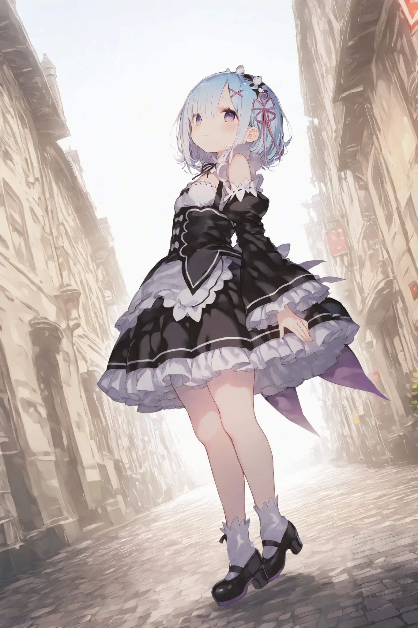 masterpiece, best quality, ultra-detailed, Komeshiro Kasu style,trk,dark gothic,Cute 1girl\(rem \(re:zero\),cyan eyes,light smile\),(dynamic pose:0.25) ,full body shot,masterpiece, best quality, 8k, highres, ultra-detailed,HDR, UHD, professional, vivid colors