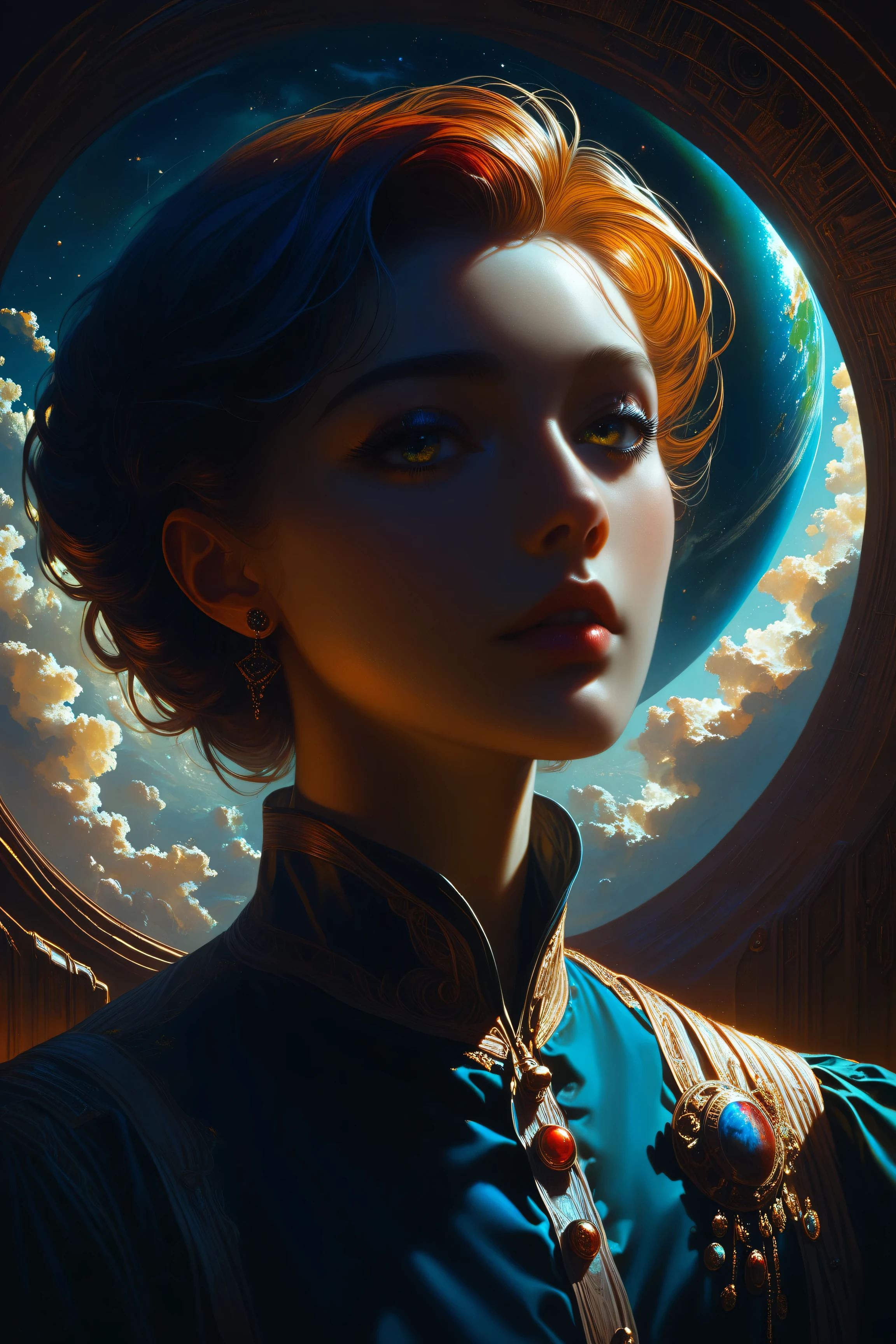 ((best quality)), ((masterpiece)), (detailed), perfect face, surreal, art nouveau, in the illustrative style of moebius, spaceships, aliens, fantasy, sci-fi, graphic novel, line drawing, french retro,