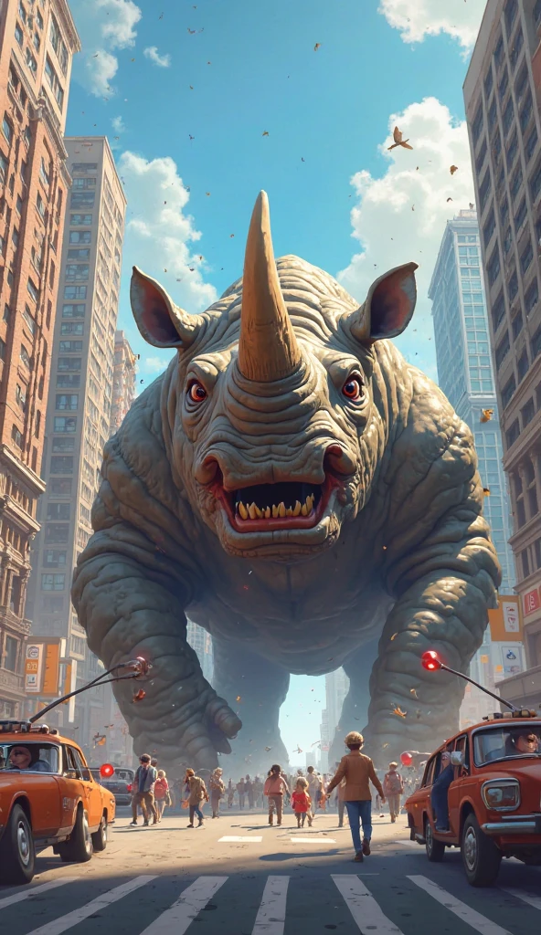 A man half man-half rhino in a city