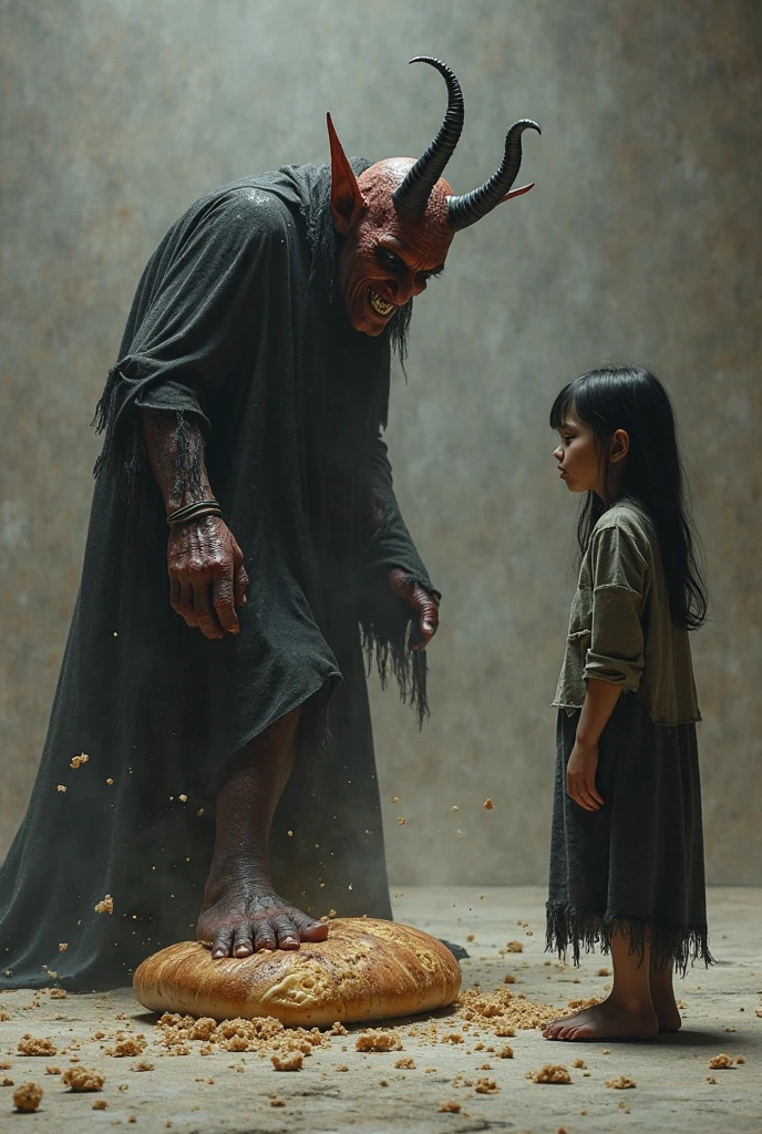 Small horned demon, chained by the wrists, Kneeling, bruised, in a black room