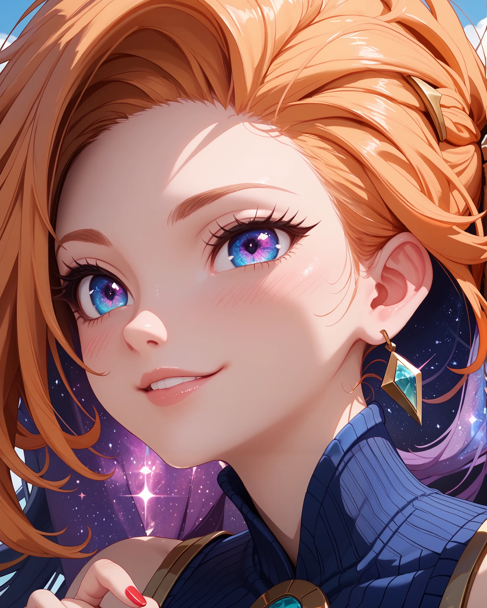 wScore_9, Score_8_up, Score_7_up, Score_6_up, Score_5_up, Score_4_up, Tag1, Tag2, Quality_masterpiece, Absurd res, Anatomically correct, Beautiful face, Perfect face, Highly detailed beautiful face and eyes, Attractive face, Detailed face, Delicate facial features,high detail face, Detailed skin, hyper realistic ,high definition detail, Amazing work , wallpaper, screencap, masterpiece, high resolution, best quality ,8k ( Zoe from League ) (Orange Hair) (Purple hair) (Aquamarine clothes) (blue clothes) (long hair) (blue eye) (purple eye) (without boots) (red nails) (love blush:1.8 big ass, galaxy eyes, perverted smile , torn suit, 1 girl, alone}, close-up, Near distance, love blush