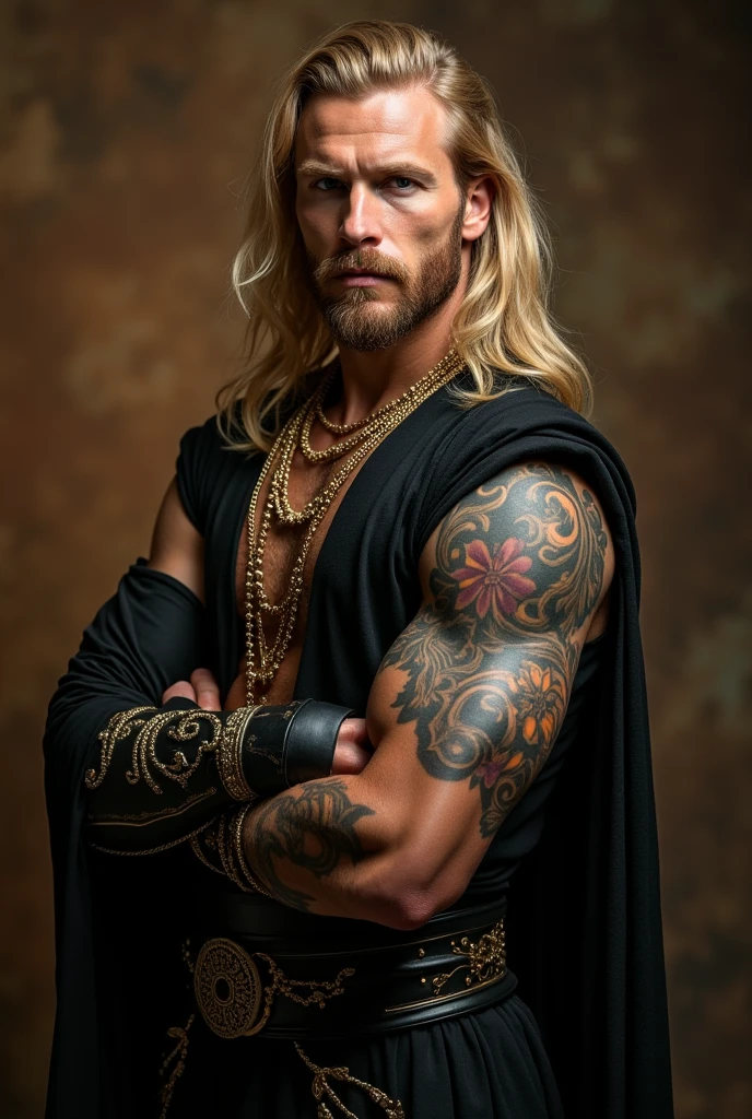 Create a hyper detailed photograph of a tattooed muscular young sexy viking, Stunningly perfect gorgeous face, perfect makeup, detailed vibrant eyes, long hair, big beautiful muscular legs, big beautiful muscular arms, big back muscles, perfect body, muscular abs, detailed smooth skin, big breast, big muscular ass, black lace dress,