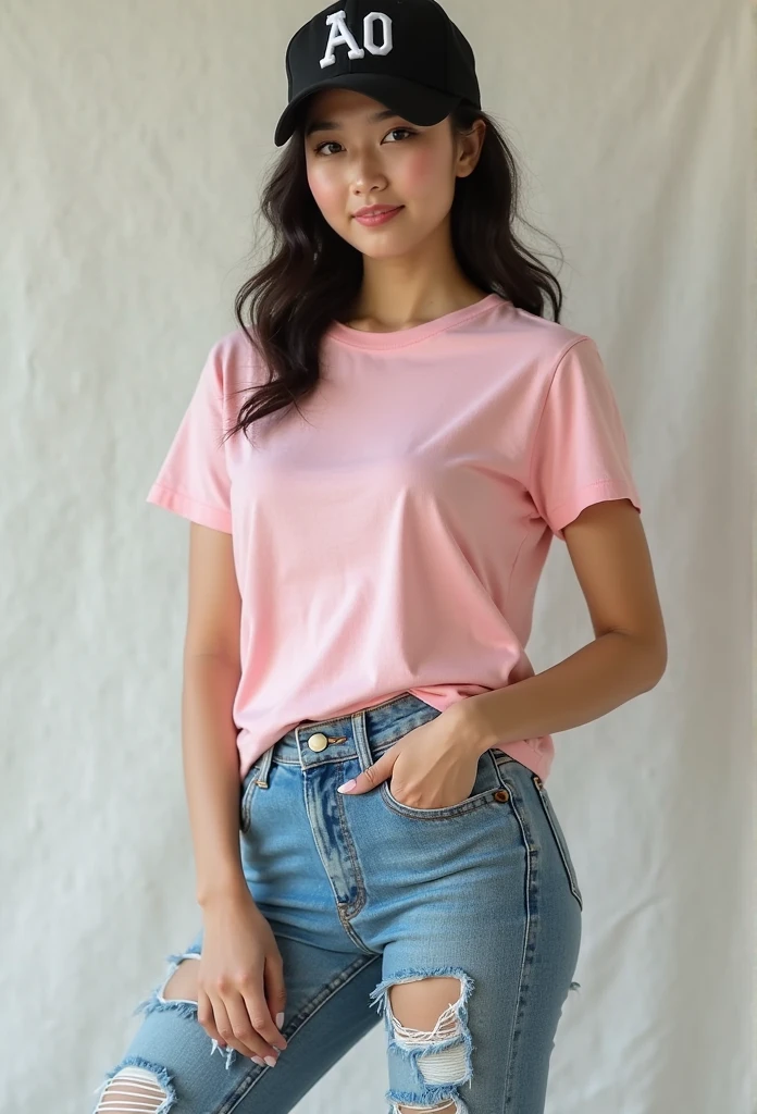 Draw lips correctly, red lipstick, from chest up, best quality, Super detailed, lifelike, Super fine skin, perfect anatomy, (1 日本Mature的女人), (alone),Wear a red crew neck shirt, short sleeves,white jeans,,short hair,35 year old female,Mature,charming smile,outdoor background,stand,Leg length,Chubby body,Big breasts,stand up,full-body shot