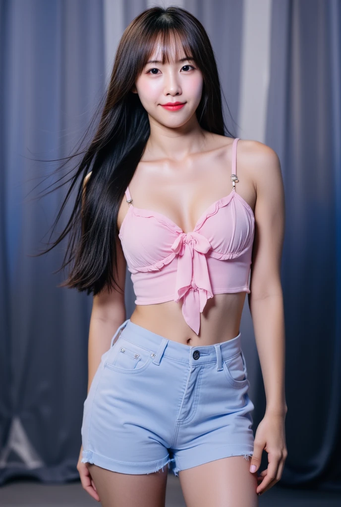 最高品質, master-piece, ultra-high resolution, (photorealistic portrait: 1.4), RAW photo, (full-body-shot), charming smiling girl, ((Playing electric guitar on live stage)), (Dynamic Poses), long-haired, long-hairedมาก, large boobs, Beautiful breasts, plump breasts, เสริมlarge boobs, small waist, flat stomach, micro thin, cross pendant necklace, earrings, (Rocker Chic, Red Lace Ruffleustier): 1.5, Extra high waisted short denim skirt.), Reduce exposure to the abdomen, A colorful light show, Spotlight