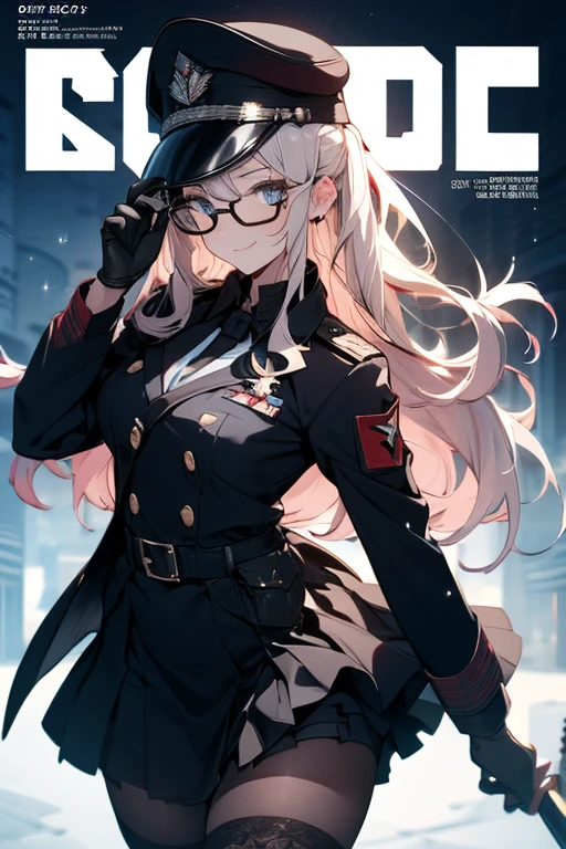 best quality, masterpiece, highres, solo, {black business suit:1.40}, {tie:1.20}, {sunglasses:1.25}, {white gloves:1.15}, {white shirt:1.10}, {black skirt:1.15}, {smoking:1.20}, handsome, {nodoka_bluearchive:1.15}, halo, red_eyes, blush, bangs, hair_bun, blonde_hair, open_mouth, smile, single_hair_bun, long_hair, breasts