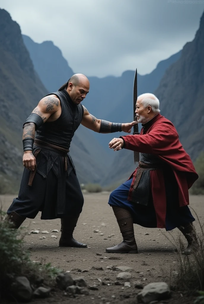 GENERATE an image of a strong Lethwei Master teaching Lethwei to a strong boy, in a snowy landscape with an Orthodox cross in the background