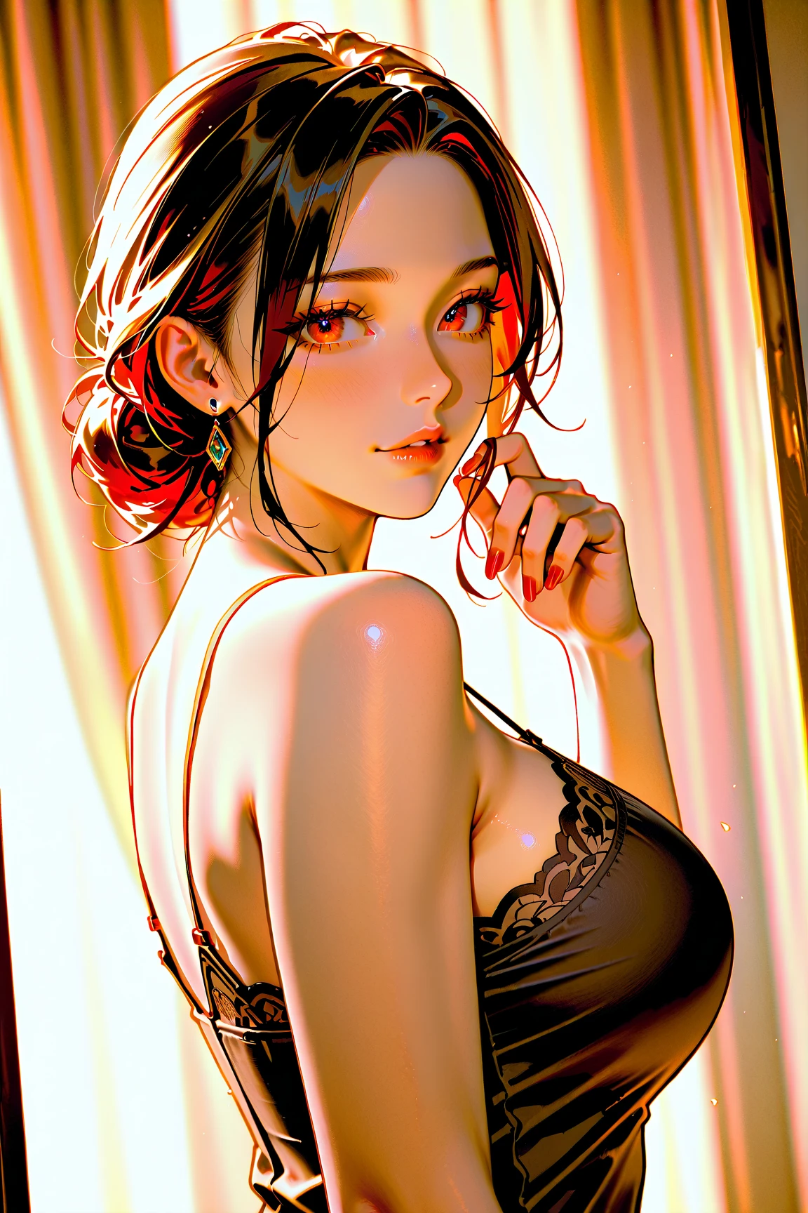 (masterpiece, best quality, high quality: 1.4), professional artwork, intricate details, field of view, sharp focus, detailed painting, masterpiece, cinematic lighting, pixiv trend, (vivid lighting, vivid colors, Nagasawa Royuki: 1.05), Kyoka Suzuki, (girl, cute: 1.1), (curvy: 1.1), (standing), perfect eyes, perfect face, seductive face, tiny white bra, transparent white underwear, underwear with a hole in the crotch, ultra-precise embroidered briefs, (high knee socks, garter belt: 1.1), (absolute area): 0.8), (large breasts: 1.1), thighs, focus: 1.1), very precise underwear made to perfection, both arms in the correct position, precise and precise fingers, bottom angle
