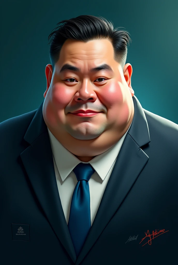 In front of the gray background, a man in an ill-fitting wide suit, hands in his pockets looking sideways at the camera, Asian male, morbidly obese, overweight --auto --s2
